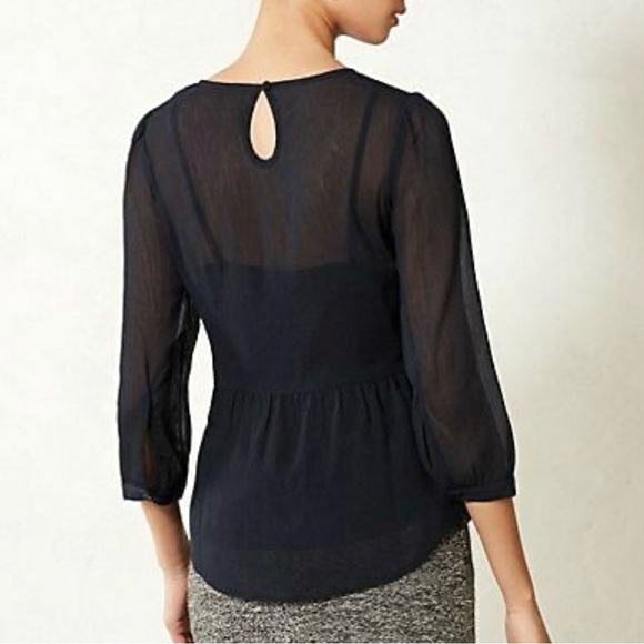 Anthropologie Embellished Beaded Sequin Floral Embroidered Navy Peplum Blouse - Picture 11 of 14